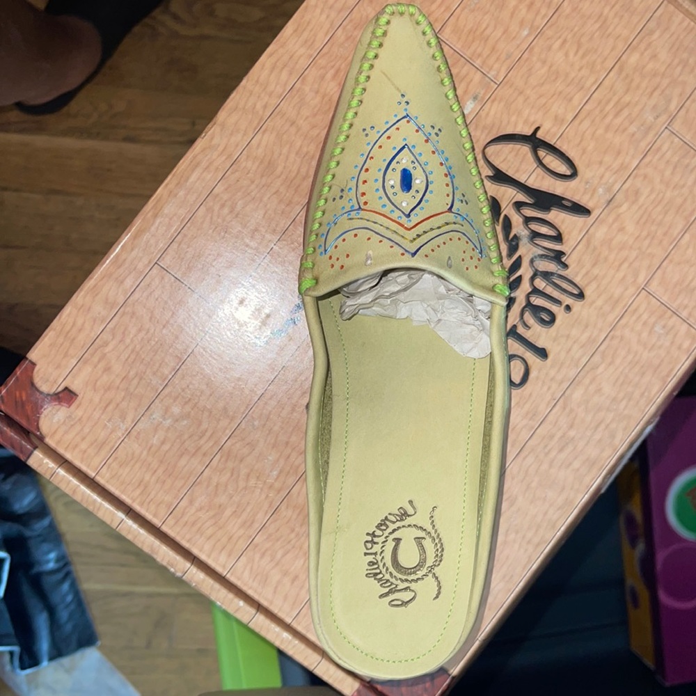 Charlie & Co. Lime Embroidered Leather Mule